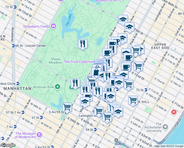 map of restaurants, bars, coffee shops, grocery stores, and more near 6 East 69th Street in New York