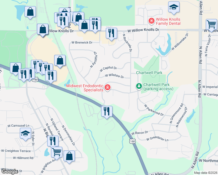 map of restaurants, bars, coffee shops, grocery stores, and more near 3309 West Chartwell Road in Peoria