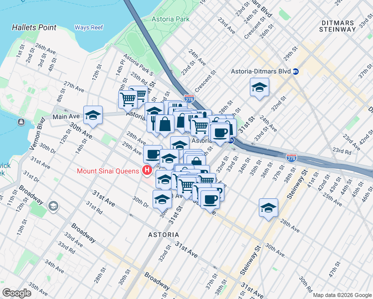 map of restaurants, bars, coffee shops, grocery stores, and more near 26-33 28th Street in Queens