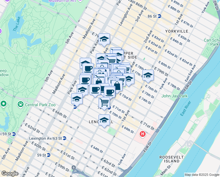 map of restaurants, bars, coffee shops, grocery stores, and more near 221 East 73rd Street in New York