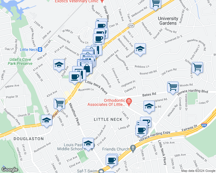 map of restaurants, bars, coffee shops, grocery stores, and more near 47-56 Glenwood Street in Queens