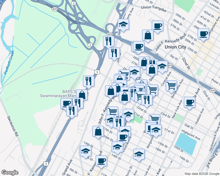 map of restaurants, bars, coffee shops, grocery stores, and more near 2201 Grand Avenue in North Bergen