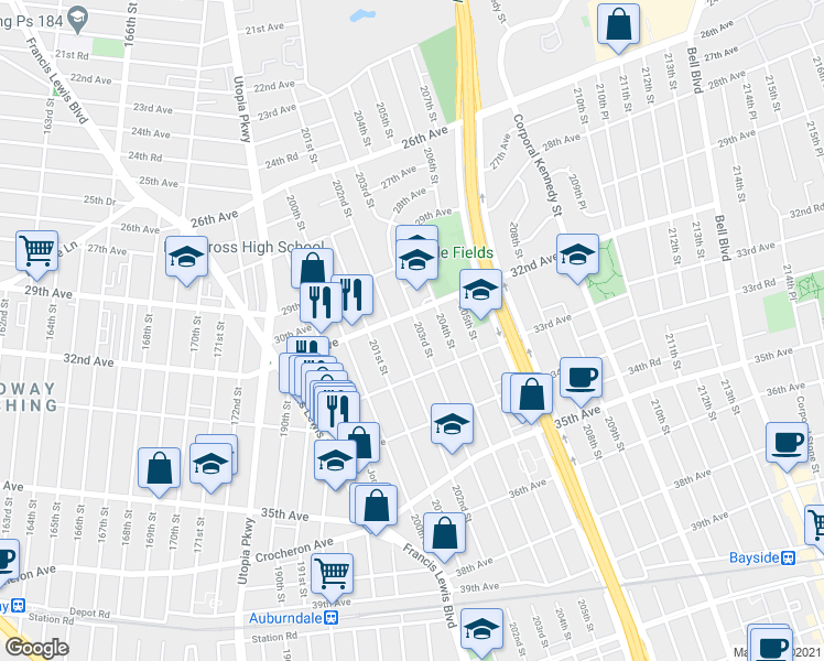 map of restaurants, bars, coffee shops, grocery stores, and more near 32-16 203rd Street in Queens