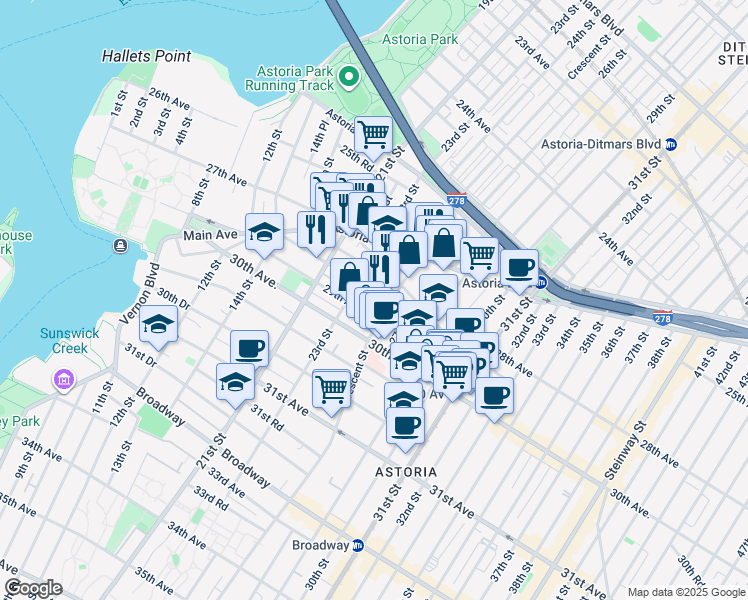 map of restaurants, bars, coffee shops, grocery stores, and more near 23-24 28th Avenue in Queens