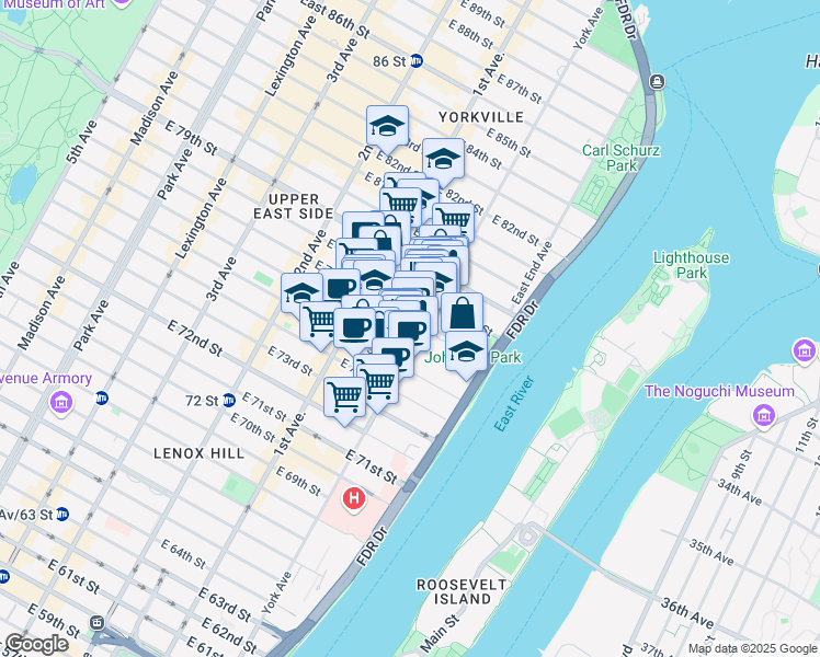 map of restaurants, bars, coffee shops, grocery stores, and more near 1441 York Avenue in New York