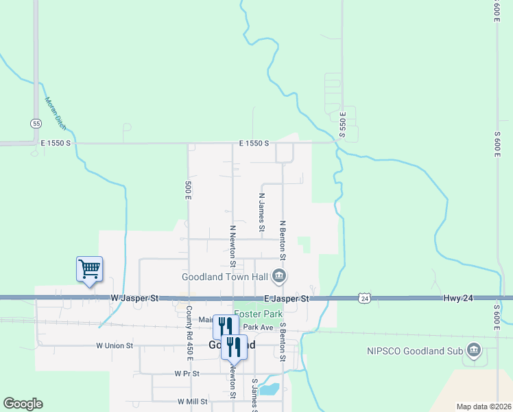 map of restaurants, bars, coffee shops, grocery stores, and more near 314 North James Street in Goodland