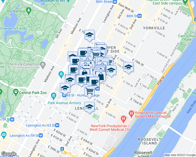 map of restaurants, bars, coffee shops, grocery stores, and more near 220 East 73rd Street in New York