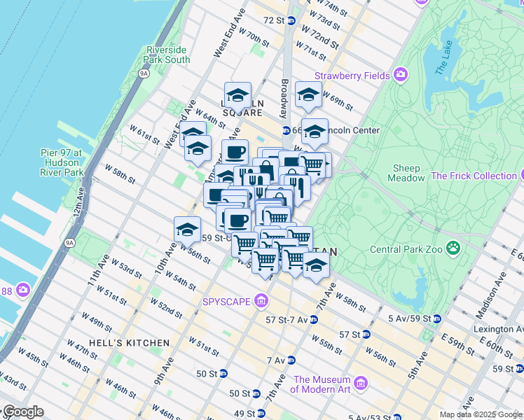 map of restaurants, bars, coffee shops, grocery stores, and more near 24 West 61st Street in New York