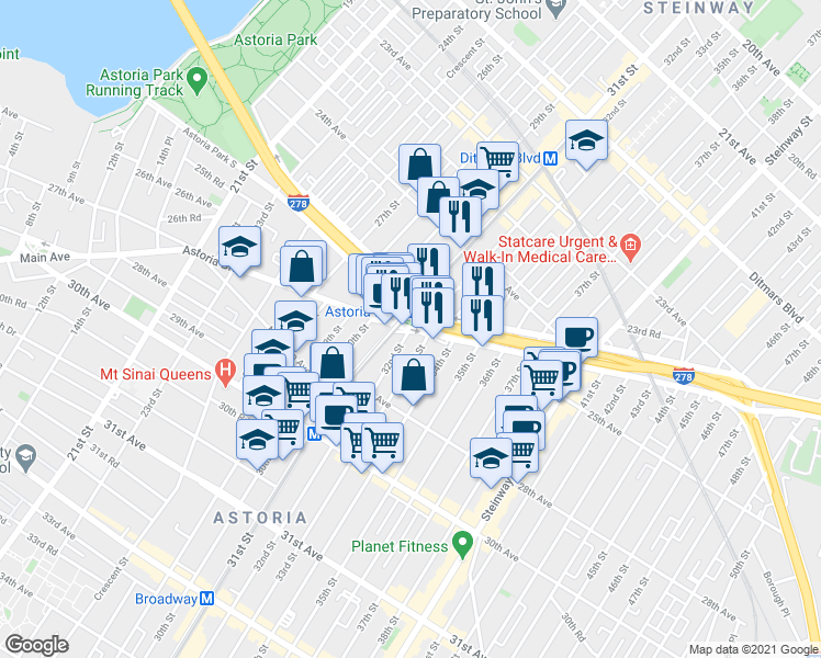 map of restaurants, bars, coffee shops, grocery stores, and more near Astoria Boulevard & 32nd Street in Queens