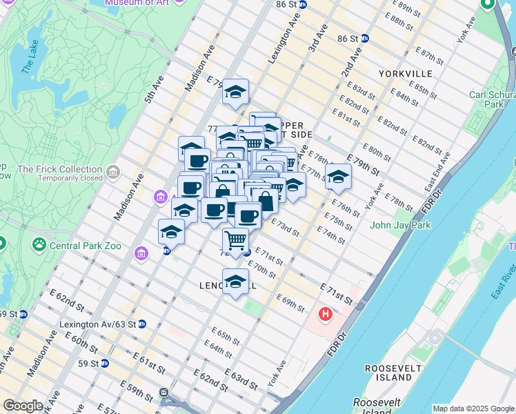 map of restaurants, bars, coffee shops, grocery stores, and more near 235 East 73rd Street in New York
