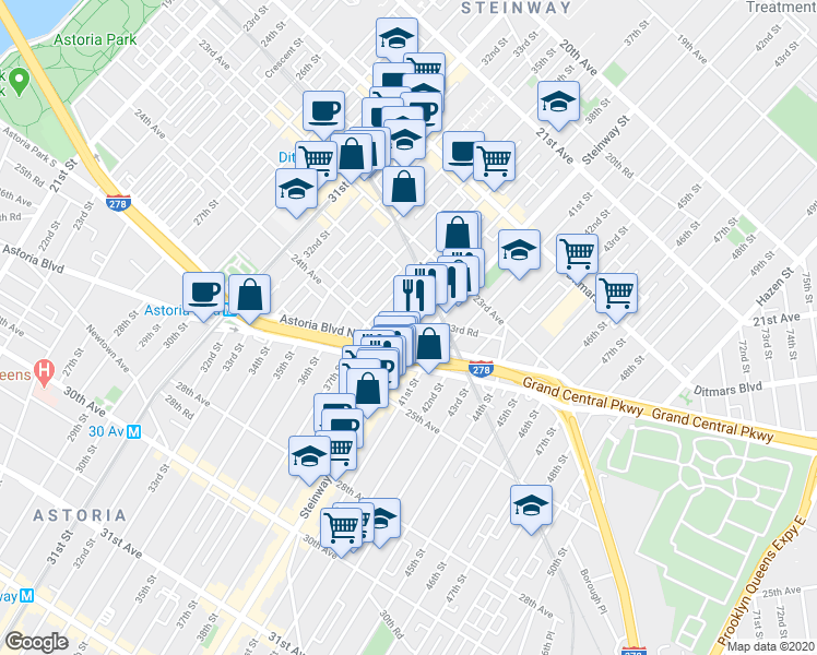 map of restaurants, bars, coffee shops, grocery stores, and more near 23-69 38th Street in Queens