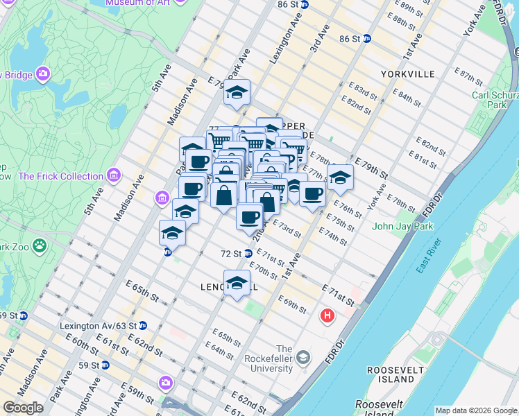 map of restaurants, bars, coffee shops, grocery stores, and more near 220 East 73rd Street in New York