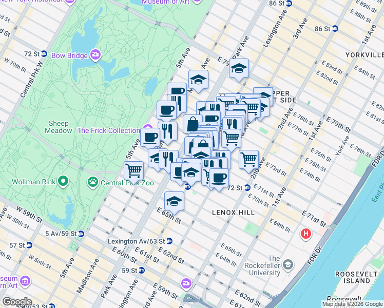 map of restaurants, bars, coffee shops, grocery stores, and more near in New York