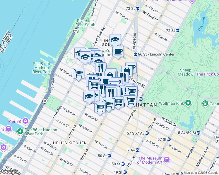 map of restaurants, bars, coffee shops, grocery stores, and more near 432 West 58th Street in New York