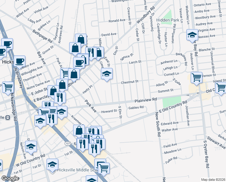 map of restaurants, bars, coffee shops, grocery stores, and more near 23 East Street in Hicksville