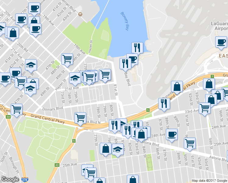 map of restaurants, bars, coffee shops, grocery stores, and more near 21-32 81st Street in Queens
