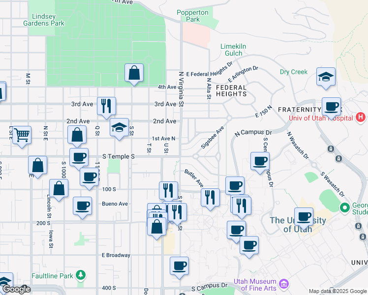 map of restaurants, bars, coffee shops, grocery stores, and more near 24 North Virginia Street in Salt Lake City
