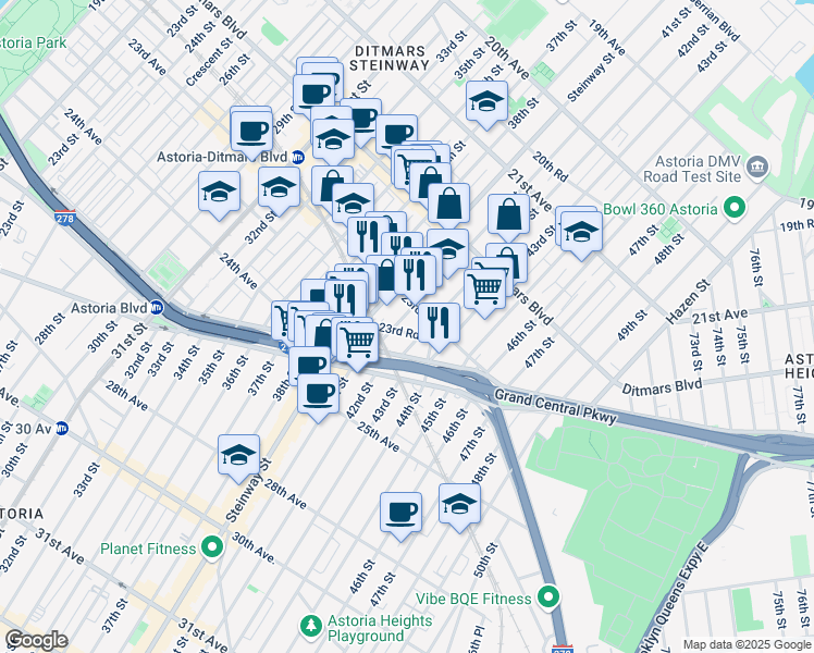 map of restaurants, bars, coffee shops, grocery stores, and more near 23-25 41st Street in Queens