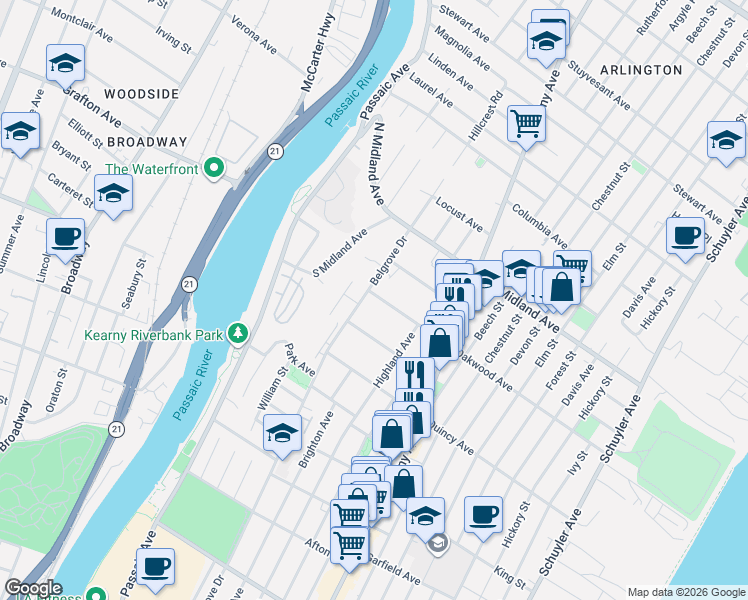 map of restaurants, bars, coffee shops, grocery stores, and more near 560 Belgrove Drive in Kearny