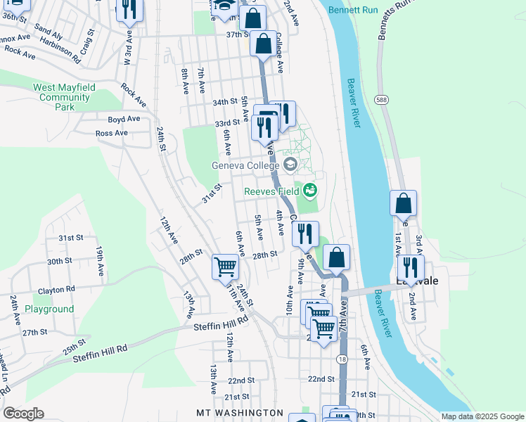 map of restaurants, bars, coffee shops, grocery stores, and more near 2911 4th Avenue in Beaver Falls