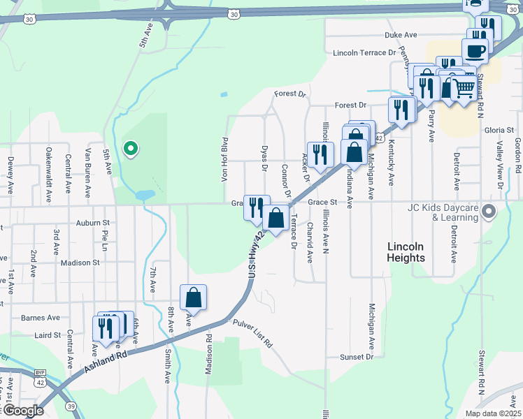 map of restaurants, bars, coffee shops, grocery stores, and more near 806 Grace Street in Mansfield