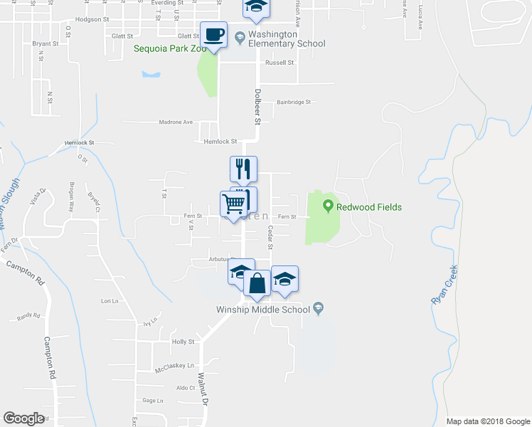 map of restaurants, bars, coffee shops, grocery stores, and more near 2395 Fern Street in Eureka