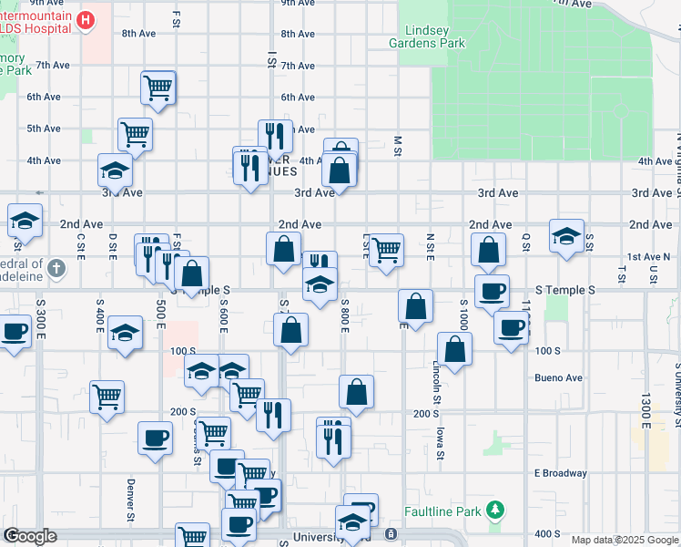 map of restaurants, bars, coffee shops, grocery stores, and more near 777 East South Temple Street in Salt Lake City