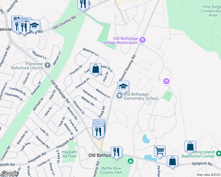 map of restaurants, bars, coffee shops, grocery stores, and more near 2 Cedar Dr S in Old Bethpage