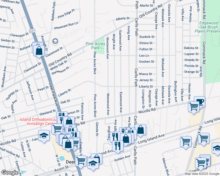 map of restaurants, bars, coffee shops, grocery stores, and more near 39 Westwood Avenue in Deer Park