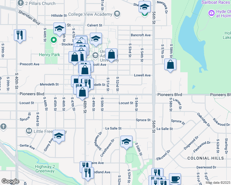 map of restaurants, bars, coffee shops, grocery stores, and more near 5140 Pioneers Boulevard in Lincoln
