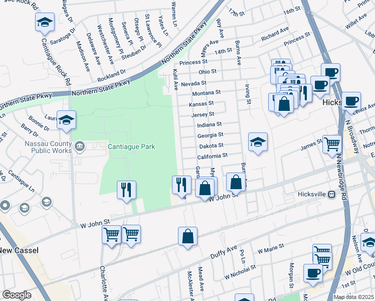 map of restaurants, bars, coffee shops, grocery stores, and more near 49 Gardner Avenue in Hicksville