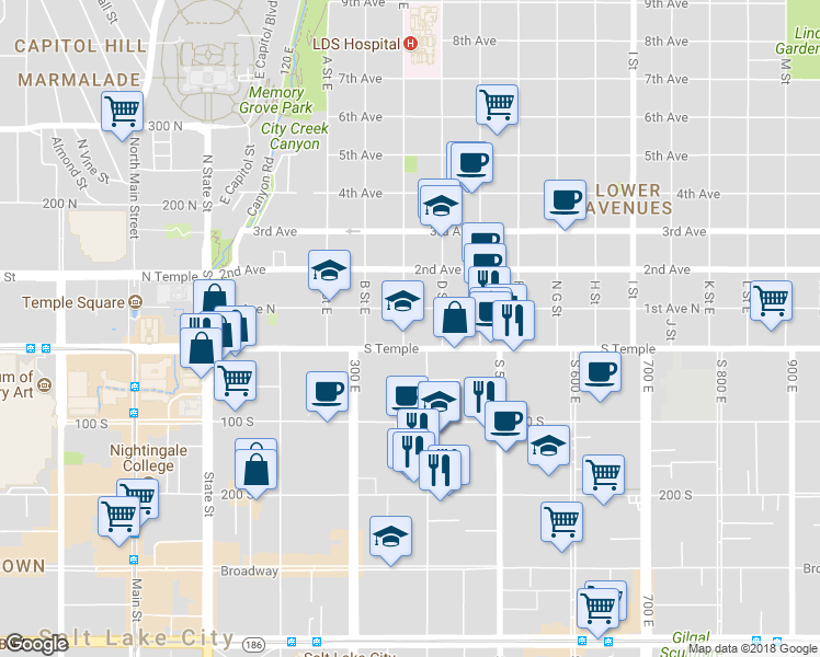 map of restaurants, bars, coffee shops, grocery stores, and more near 12 C Street East in Salt Lake City