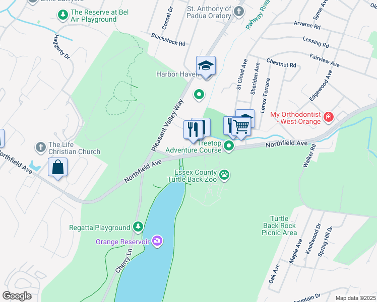 map of restaurants, bars, coffee shops, grocery stores, and more near 585 Northfield Avenue in West Orange
