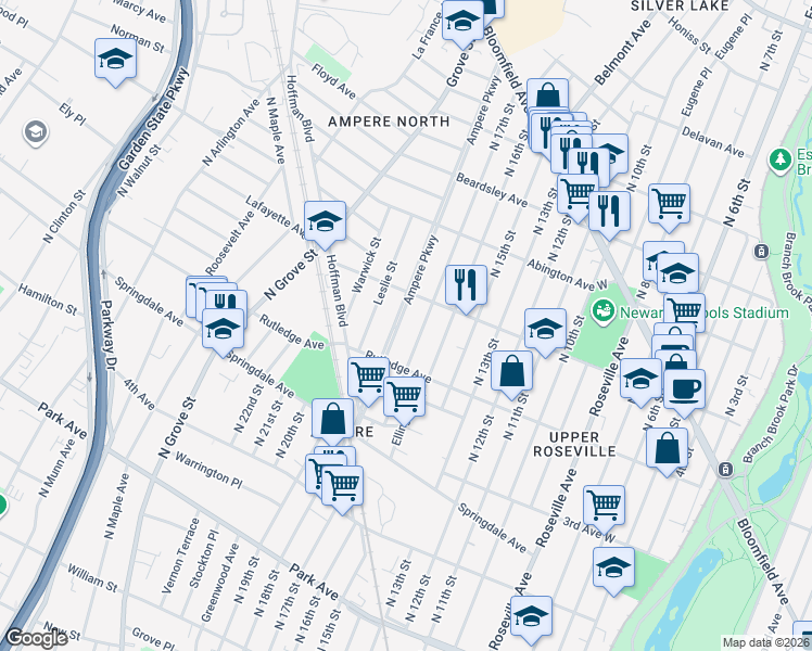 map of restaurants, bars, coffee shops, grocery stores, and more near 99 Ampere Parkway in East Orange