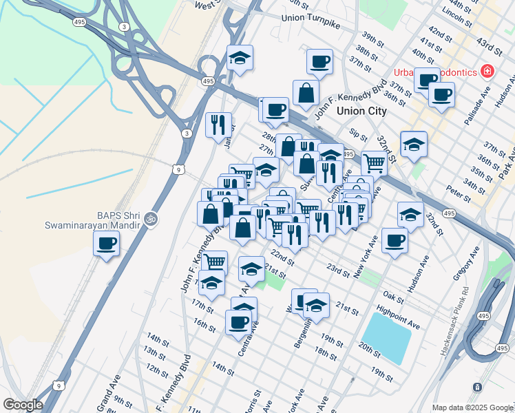 map of restaurants, bars, coffee shops, grocery stores, and more near 2364 John F. Kennedy Boulevard in Union City