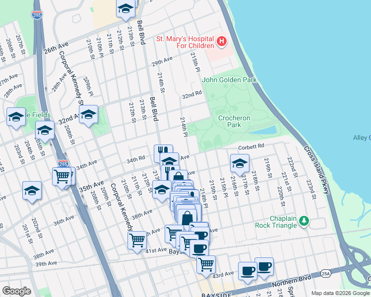 map of restaurants, bars, coffee shops, grocery stores, and more near 34-22 214th Place in Queens