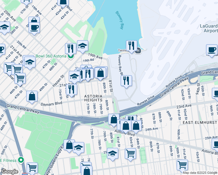 map of restaurants, bars, coffee shops, grocery stores, and more near 21-32 81st Street in Queens