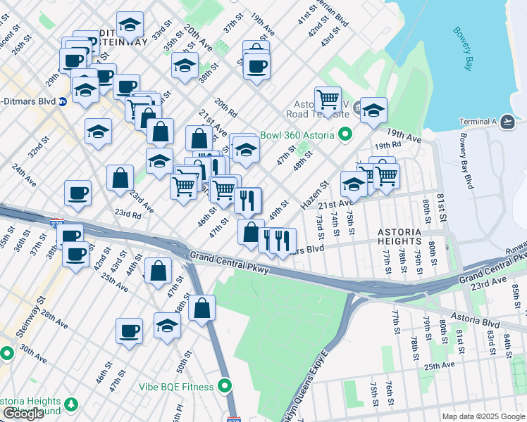 map of restaurants, bars, coffee shops, grocery stores, and more near 21-58 48th Street in Queens
