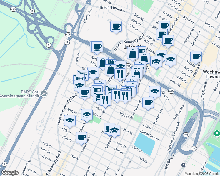 map of restaurants, bars, coffee shops, grocery stores, and more near 711 26th Street in Union City