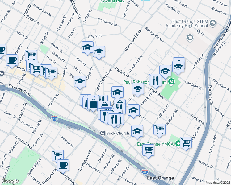 map of restaurants, bars, coffee shops, grocery stores, and more near 62 Morton Place in East Orange