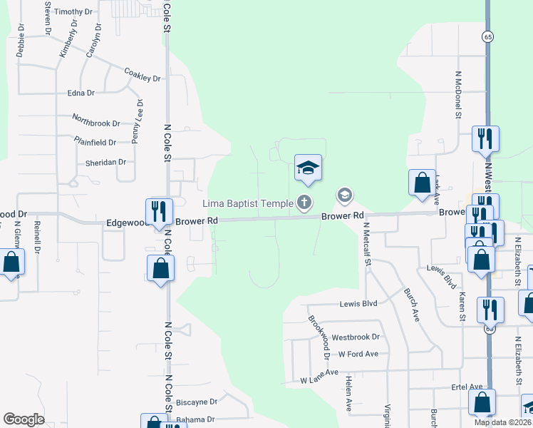 map of restaurants, bars, coffee shops, grocery stores, and more near 1000 Brower Road in Lima