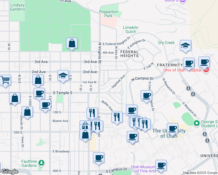 map of restaurants, bars, coffee shops, grocery stores, and more near 1401 East Sigsbee Avenue in Salt Lake City