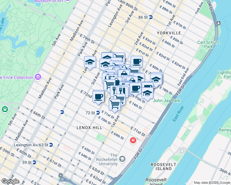 map of restaurants, bars, coffee shops, grocery stores, and more near 325 East 74th Street in New York