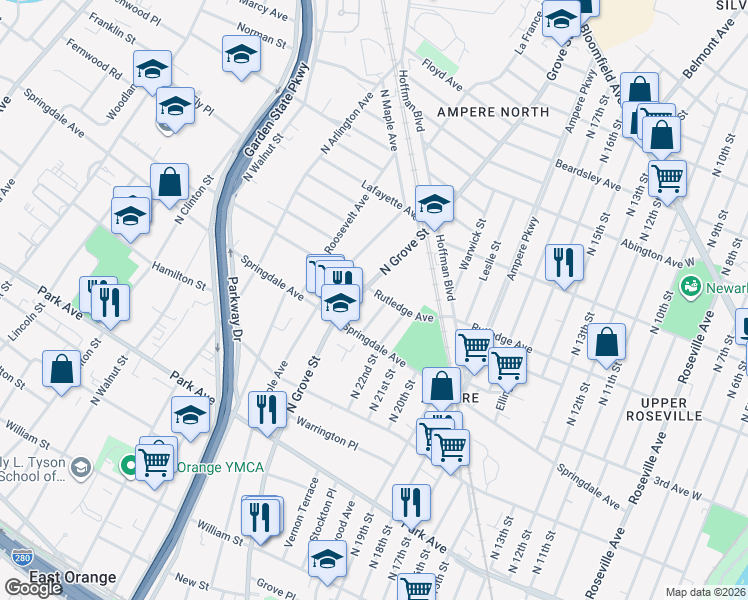 map of restaurants, bars, coffee shops, grocery stores, and more near 174 Rutledge Avenue in East Orange