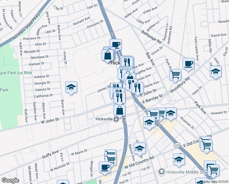 map of restaurants, bars, coffee shops, grocery stores, and more near 76 Sackett St in Hicksville