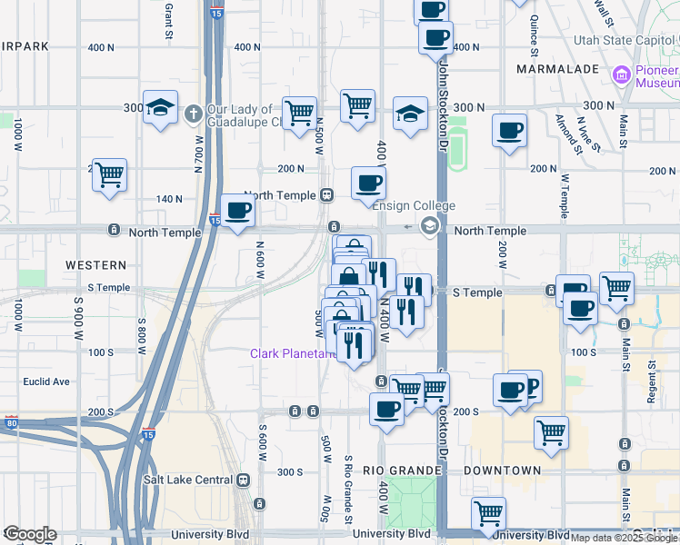 map of restaurants, bars, coffee shops, grocery stores, and more near 19 Rio Grande Street in Salt Lake City