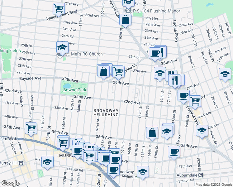 map of restaurants, bars, coffee shops, grocery stores, and more near 29-37 163rd Street in Queens