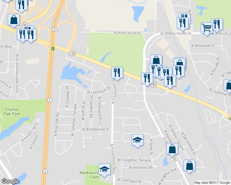 map of restaurants, bars, coffee shops, grocery stores, and more near 6751 North Frostwood Parkway in Peoria