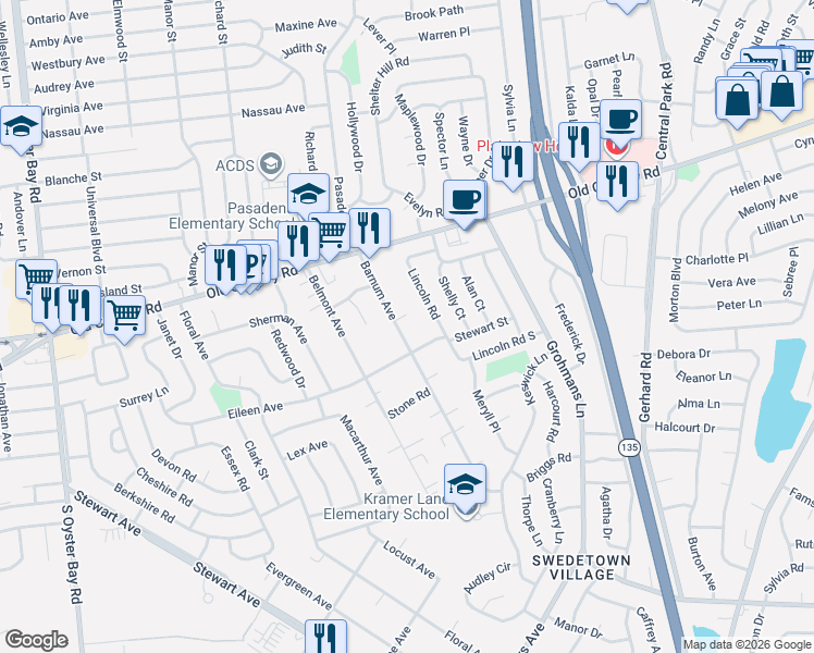 map of restaurants, bars, coffee shops, grocery stores, and more near 54 Barnum Avenue in Plainview