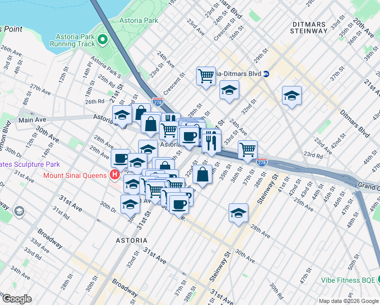 map of restaurants, bars, coffee shops, grocery stores, and more near in Queens